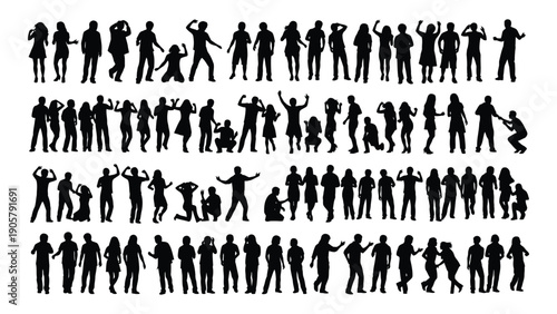 A diverse group of people standing in a line, each with unique attire and accessories. Vector