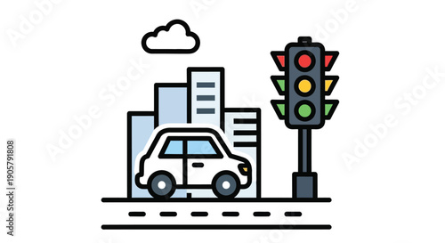 Simple illustration of a city street with a car and traffic light