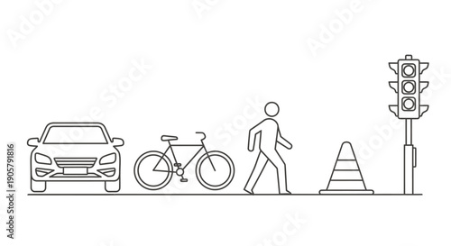 Line drawing depicting a car bicycle pedestrian and traffic signal