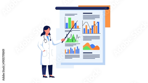 Medical Presentation: A healthcare professional, dressed in a pristine white coat, meticulously presents data on a sleek, modern whiteboard, illustrating crucial information