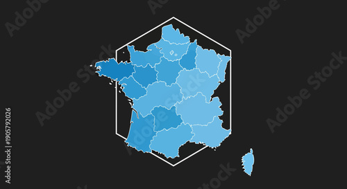 Modern depiction of France's geographic divisions within a polygonal framework display