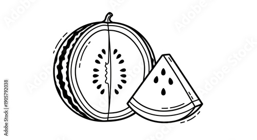 Minimalist watermelon illustration showcasing a sliced fruit and a single wedge in black and white