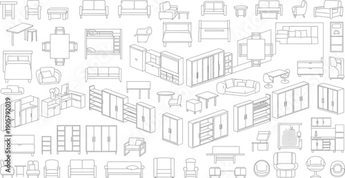 Detailed architectural blueprint pattern with various building elements isolated on transparent background