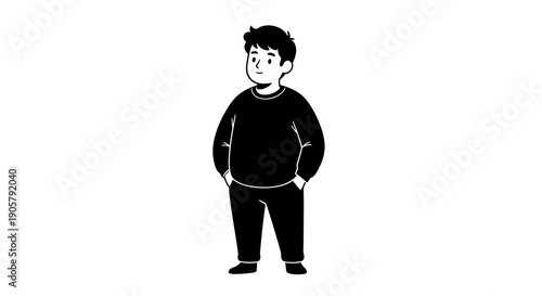 Monochrome rendition depicting a standing young individual with hands in pockets  a simple yet