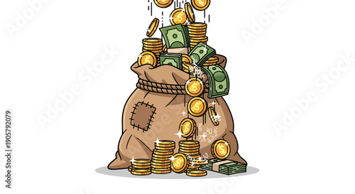 Overflowing wealth: A cartoon depiction of abundance with a sack filled to the brim