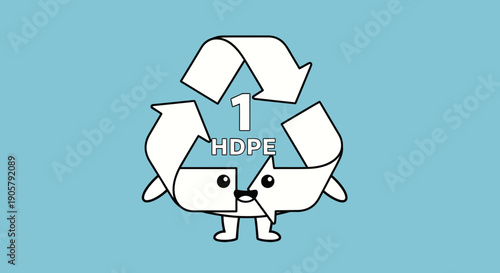 Playful HDPE Recycling Cartoon Character on Light Blue Background Promoting Sustainability