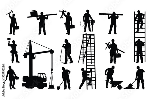 Silhouette of construction workers at various tasks and heights