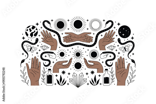 Mystical celestial pattern with hands, snakes, suns, moons, and crystals symbolizing magic and esoteric knowledge.
