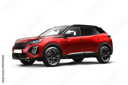 Isolated studio photo of a red modern SUV from a slight front left side angle on a transparent background.