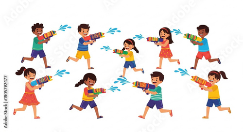 Diverse group of children playing with water guns having fun in summer isolated on white background vector illustration