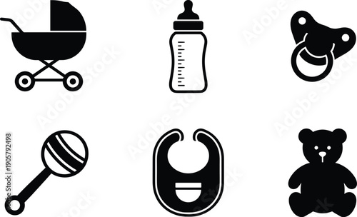 Baby Care and Nursery Accessories Icon Set with Stroller Bottle Pacifier and Teddy Bear