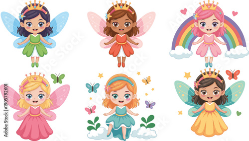 Cute fairy princess girls illustration set featuring magical cartoon characters with crowns wings and pastel dresses isolated on white background