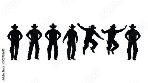 Silhouettes of people dancing and standing in a line with western hats Vector