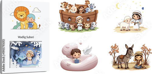 Cute biblical children illustration set featuring Noahs Ark angels Jesus and Bible story scenes in soft cartoon style on white background