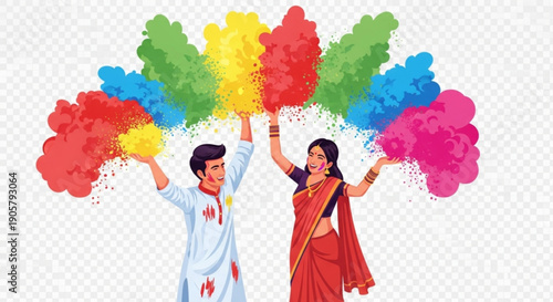 Couple celebrating Holi festival with vibrant colored powders joyful Indian tradition festive illustration for cultural events and celebrati