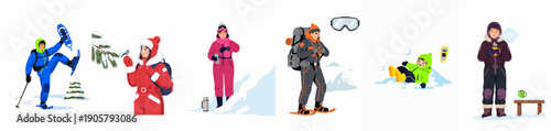 Winter Outdoor Activities Set: People Snowshoeing, Trekking, Navigating, Relaxing, and Playing in the Snow During Cold Weather Adventures.