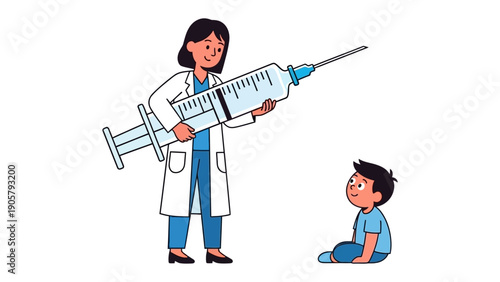 Doctor and Patient: A medical professional and child engage in a healthcare moment. The doctor holds a giant syringe, ready to administer a shot.