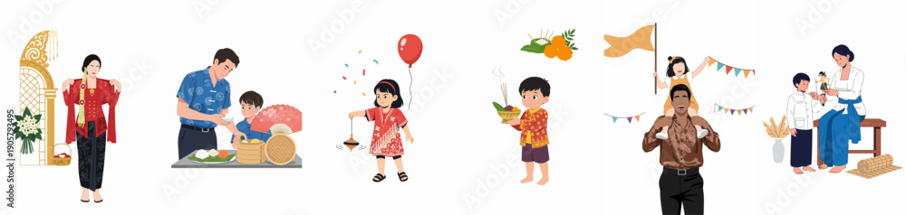 Fototapeta premium Diverse flat illustrations showcasing Indonesian family traditions, children playing, Wayang puppet storytelling, traditional attire, and cultural celebrations.