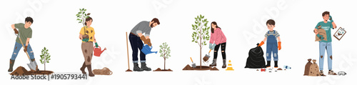 Volunteers planting trees and cleaning up nature. Environmental activism and conservation vector set.