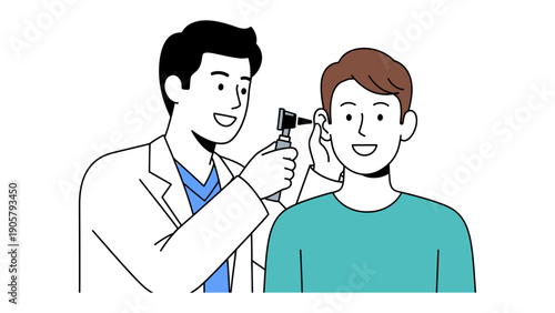 Medical Examination: A friendly doctor uses an otoscope to examine the patient's ear in a medical setting. This illustration evokes a sense of care and health.