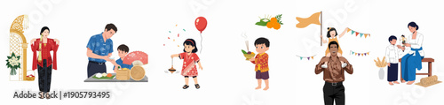 Diverse flat illustrations showcasing Indonesian family traditions, children playing, Wayang puppet storytelling, traditional attire, and cultural celebrations.