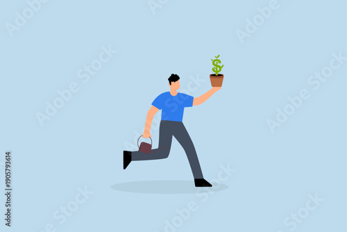 Investing in growth stock, happy businessman running with dollar plant and watering can of plant cultivation