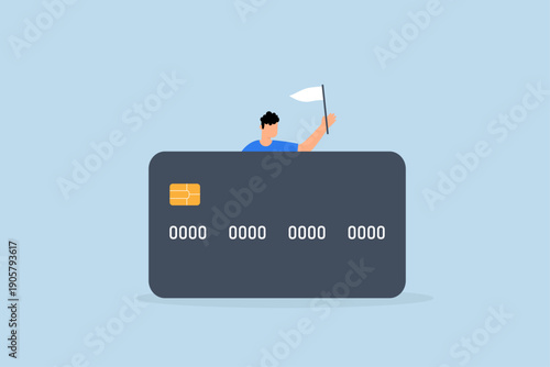 Credit card debt compromise,  bankrupt man surrenders his position and waves the white flag behind large credit card debt