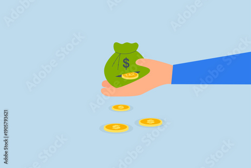 tax payment, businessman with big bag of money from income is cut by dollar with word tax