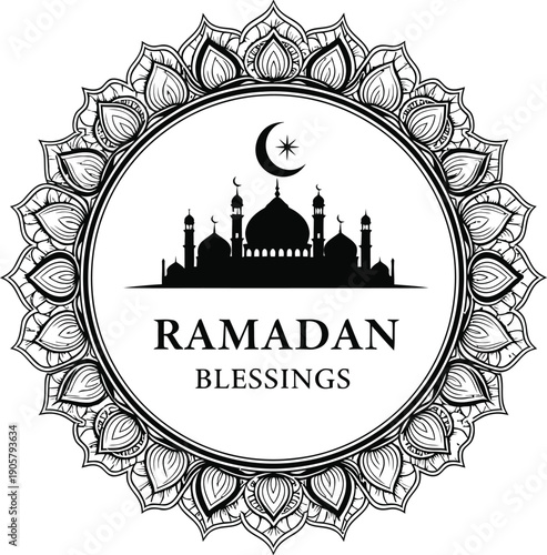 Ramadan blessings logo with mosque silhouette and crescent moon