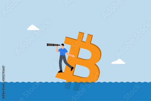 Bitcoin price down, investor stands with telescope sinking bitcoin symbol to see the future