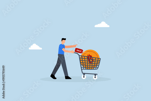 man buys cryptocurrency Bitcoin in shopping cart to speculate on future earnings