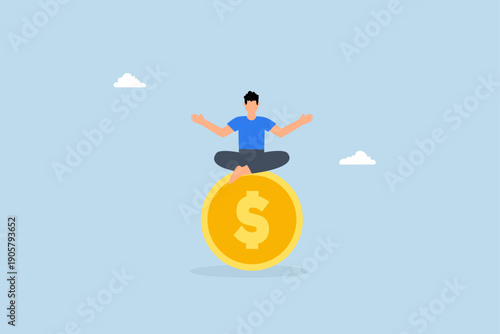 Financial expert, businessman meditating and floating on large gold coin dollar