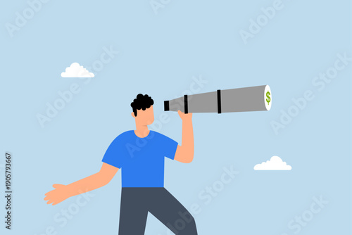 Looking for investment opportunity, investor looks through binoculars to see dollar sign