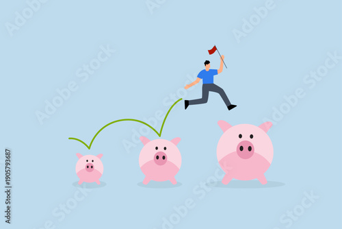 Investment and savings growth, businessman jumps from small savings bank to bigger profit to achieve financial goal