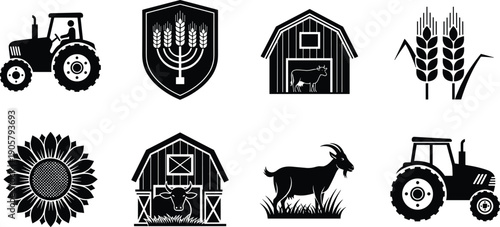Agriculture and farming icon set, tractor silhouette, farm barn with cow, wheat stalks, sunflower, goat in pasture, organic harvest collection, agriculture industry,