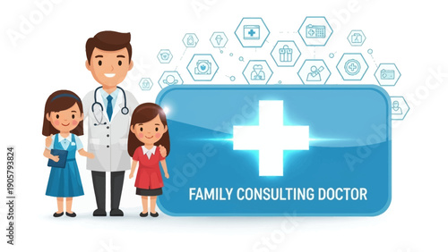 Family Consulting Doctor: A friendly family doctor stands beside two young girls, alongside a medical cross emblem. Highlighting the compassion and care of the medical field.