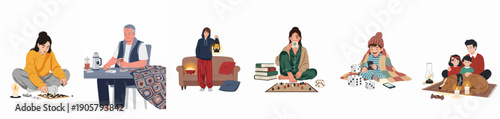 Cozy collection of people enjoying hygge, winter, and power outage activities indoors, including playing board games, reading, and spending quality time.