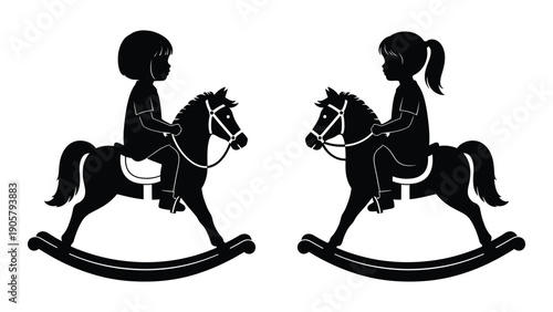 Two children riding on vintage wooden rocking horses in black and white Vector