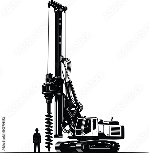Hydraulic piling rig machine for foundation drilling, construction site equipment illustration with operator silhouette, industrial auger drill vector art, heavy engineering machinery,