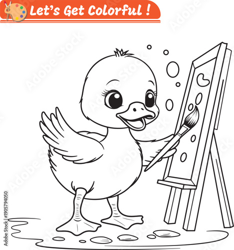 Duckling character painting on canvas with brush coloring page illustration. Designed for kids coloring books and creative activities. Main object and background are separated.