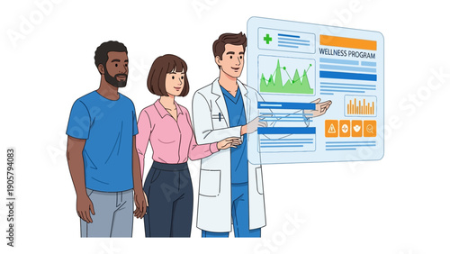 Wellness Consultation: A doctor explains the wellness program to a couple, highlighting key health metrics and data visualizations on a digital interface.