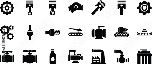 Industrial mechanical icon set, engineering hardware collection, piston and gear silhouettes, factory machinery parts, plumbing valve icons, technical automotive components, heavy industry