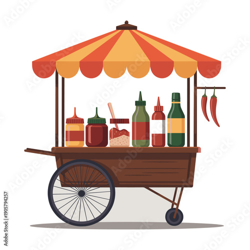 Vibrant street food cart with condiments and chili peppers