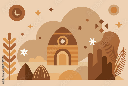 Abstract ancient desert landscape with minimal symbols and primitive hut