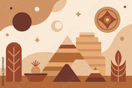 Abstract ancient desert landscape with pyramids and symbols