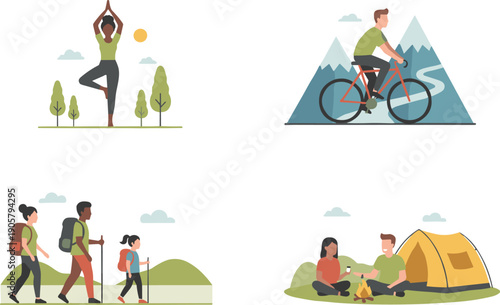 Outdoor Activities and Wellness Set, Diverse People Doing Yoga, Cycling in Mountains, Family Hiking and Camping in Nature