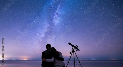 Couple observes the brilliant Milky Way galaxy with a telescope set up near water at night