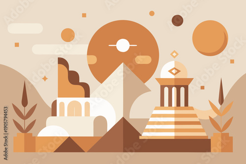 Ancient temple landscape with mountains and plants flat