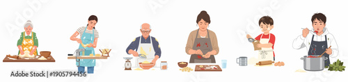 A collection of illustrations showing people of all ages kneading dough, making fresh pasta, preparing ingredients, and tasting sauce.