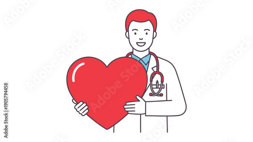 Caring Doctor with Heart Icon: A compassionate doctor, stethoscope around neck, holds a vibrant heart icon, symbolizing care, health, and wellbeing. Expressing dedication to patient care.